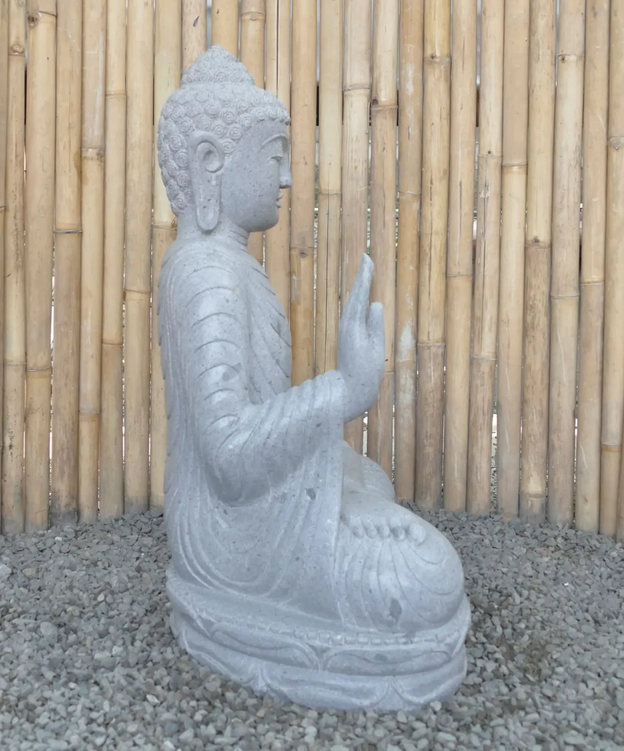  Product image 6 of the product “Seated Buddha made of Riverstone in Abhaya Position - gesture of fearlessness, H. 82cm. ”